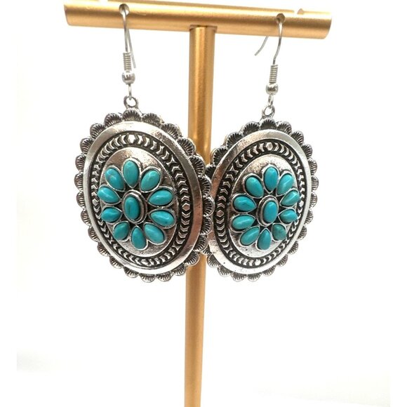 2/$24 Vintage-Style Silver & Turquoise Flower Oval Dangle Earrings - Picture 3 of 5